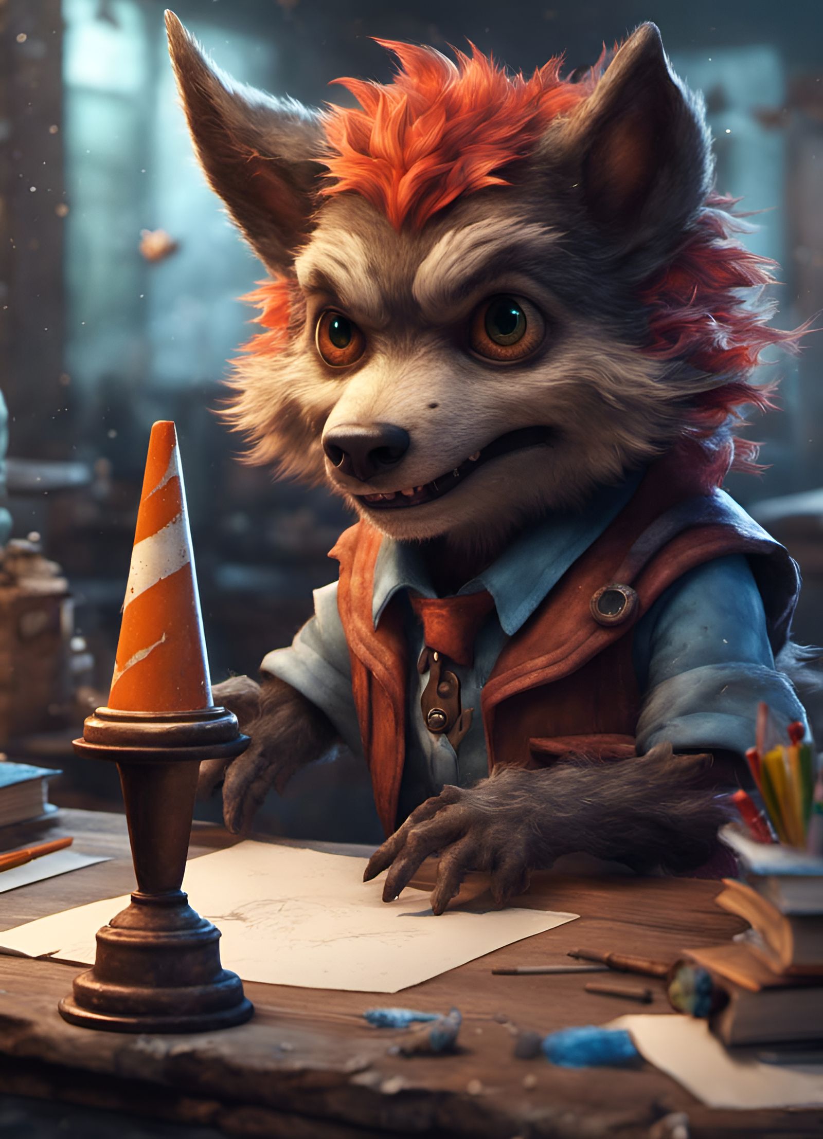Cute Werewolf with School Cone in Classroom