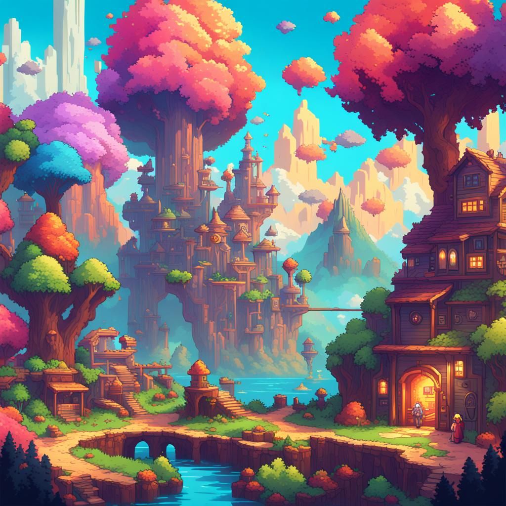 a pixel art scene of a fantastical gaming world  by @PunkCat