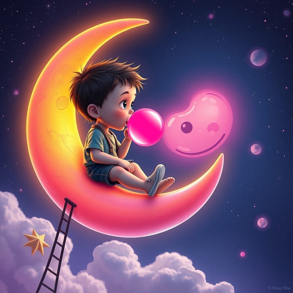 Whimsical Boy Blows Bubblegum Bubbles with Glowing Moon