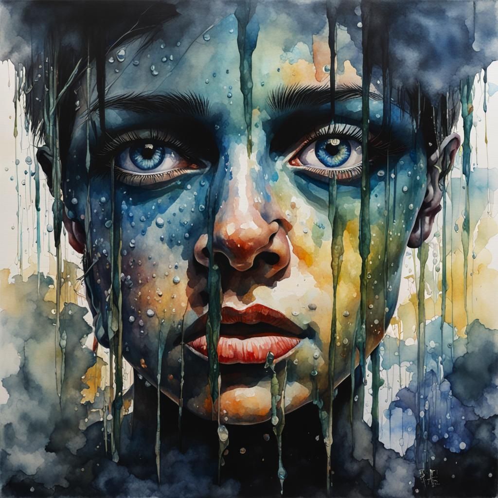 (eyes_in_the_dark_tears)watercolor art double exposure transparent ...