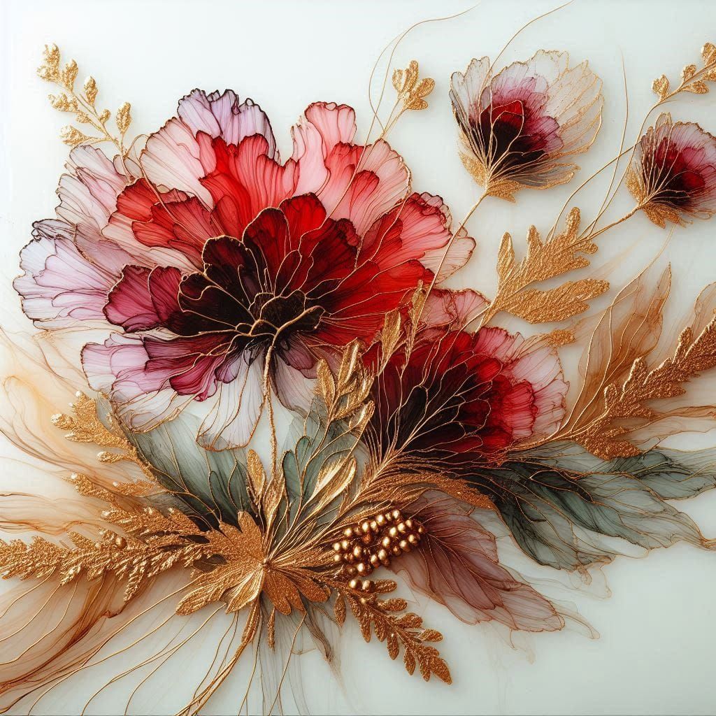 "Gold and Red Alcohol Ink Tempered Glass Wall Art," featurin...