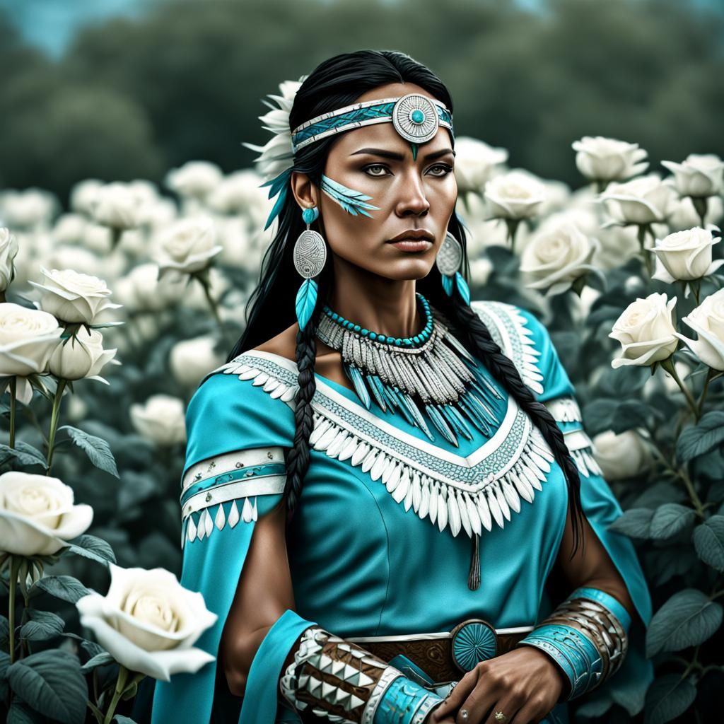 a Native American lady stands gracefully