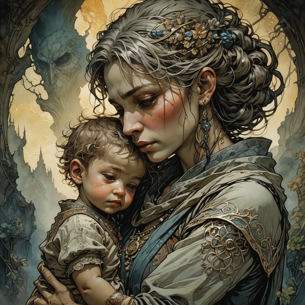 the little baby is comforted by his mother, by Posuka Demizu...