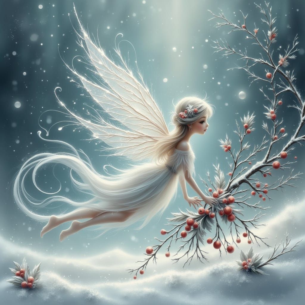 <lora:Soft Winter:1.0> <lora:Frosty flux:1.0> <lora:Moonchild:1.0> <lora:Fairy Lights:1.0> anime fairy with white gossamer wings with icy sp...