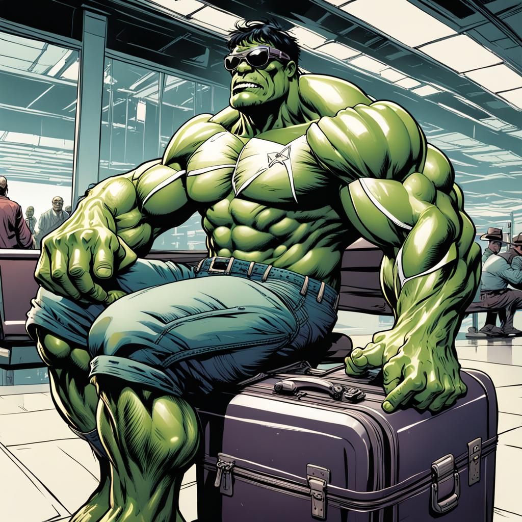 The incredible Hulk, wearing sunglasses and hat, sitting on his packed