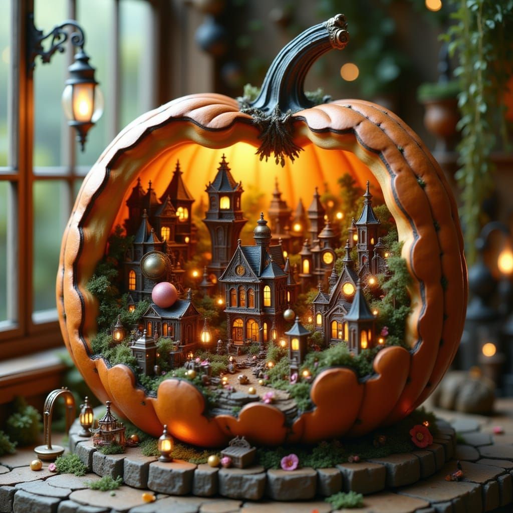 A giant hollowed out pumpkin with a miniature  victorian steampunk city inside it <lora:Steampunk World:1.0> <lora:Diorama:1.0> 