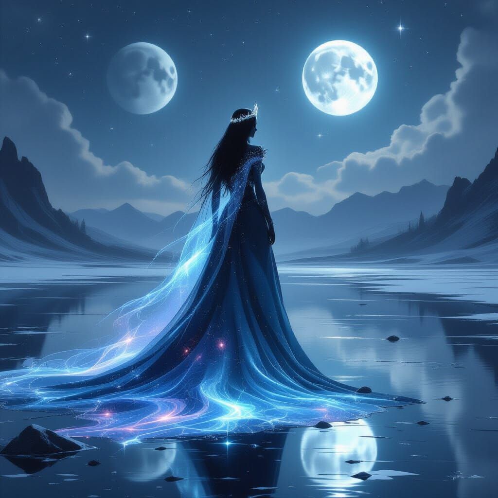 A majestic, spectral queen, her form composed of swirling nebulae and stardust, presides over a silent, frozen lake reflecting a sky filled ...