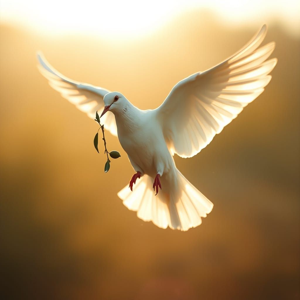 Little White dove in flight Holding an olive twig  by @Stefan Junghanns