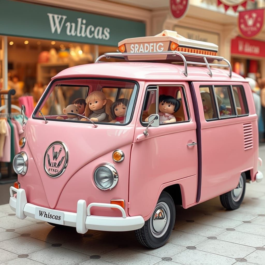 Pastel Pink Minivan at Whimsical Shopping Mall
