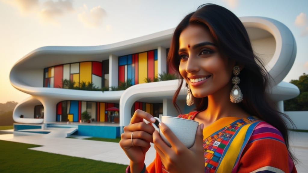 Zaha Hadid creates a house inspired by Piet Mondrian. A smiling Indian woman with shining eyes drinks tea in the foreground. <lora:Curved Co...