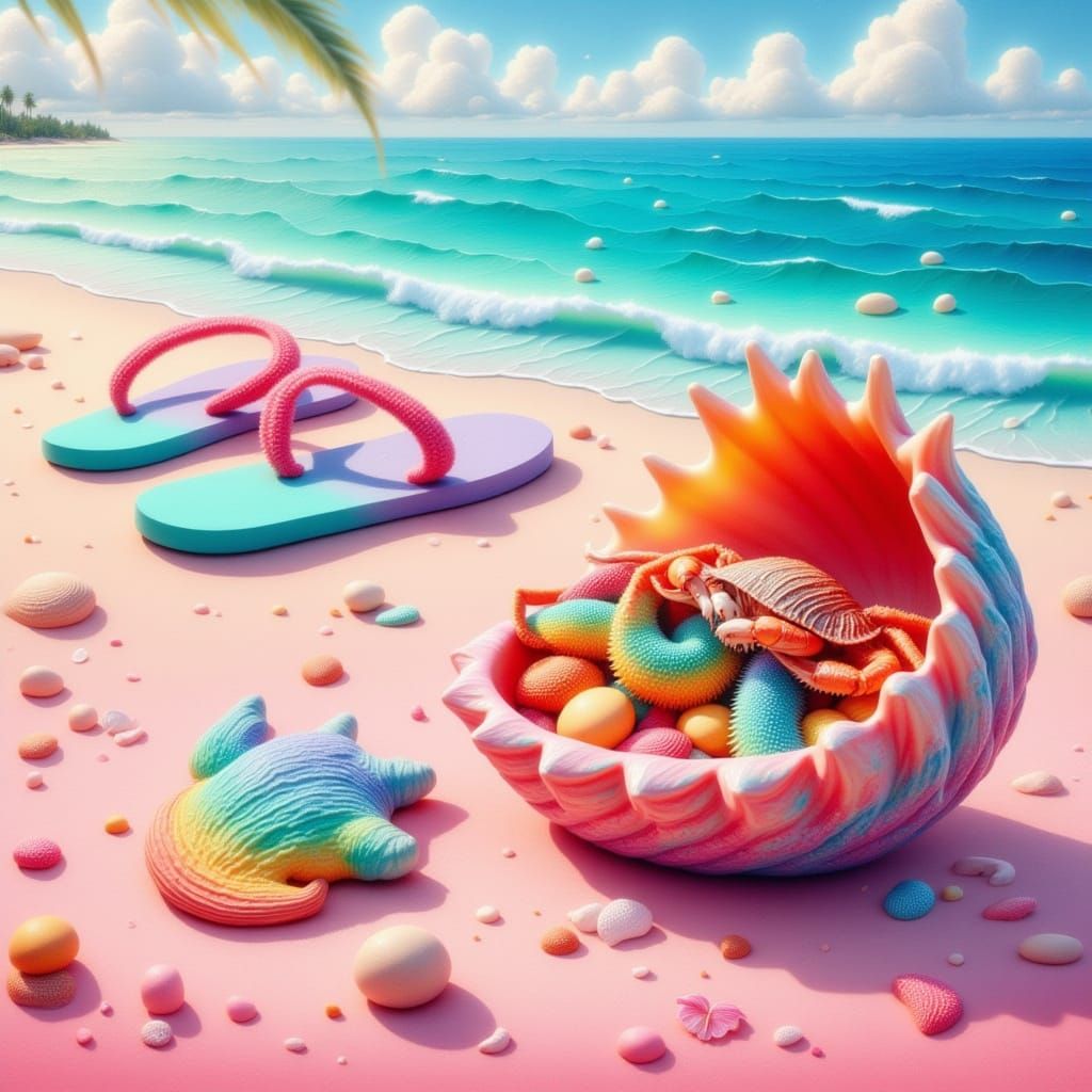 <lora:Water and Colour:1.0>Pink sands beach scene, pastel rainbow colored flip flops lying at the shore. A hermit crab cozy nestled in a col...