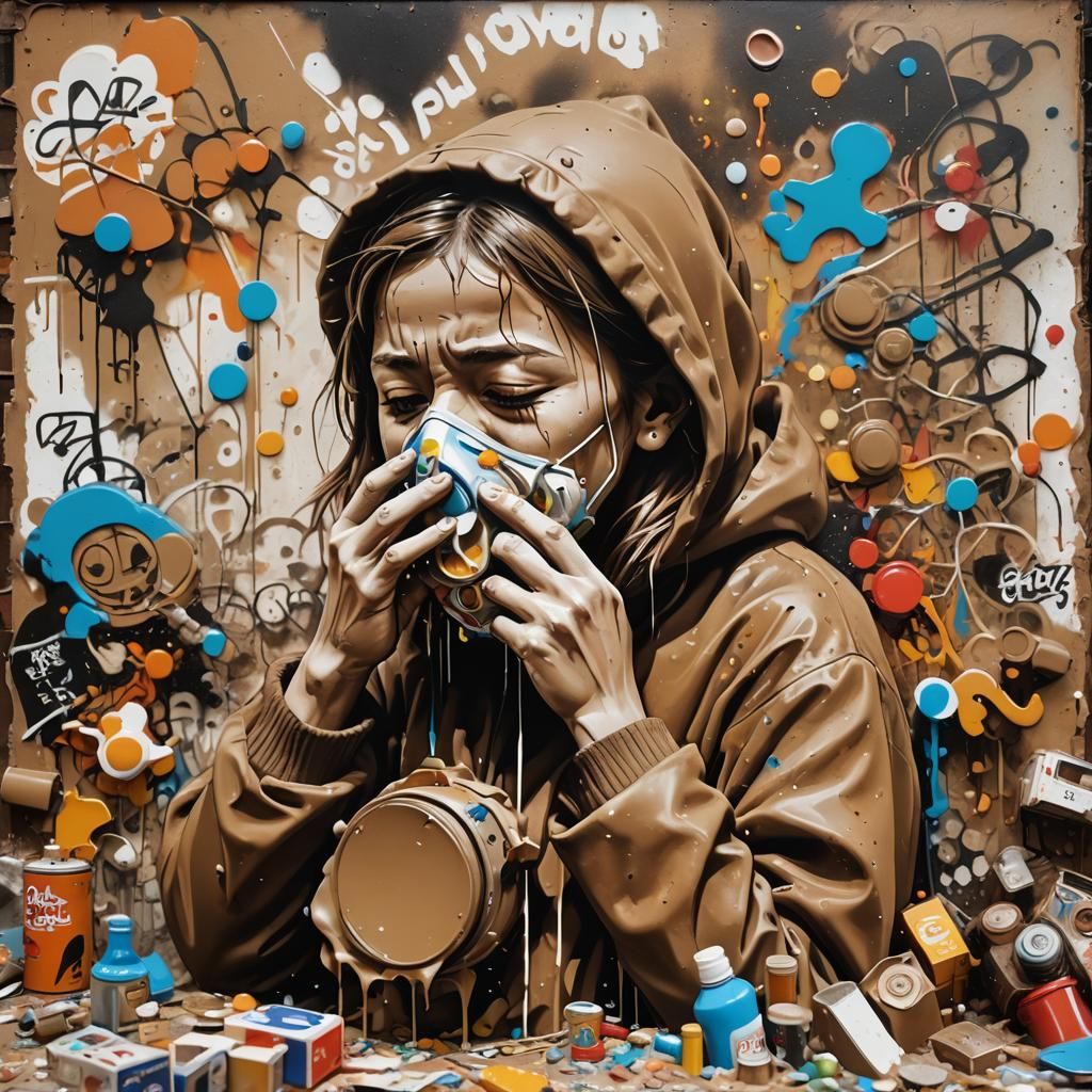 A person sneezing out sepia-toned photographs and old toys