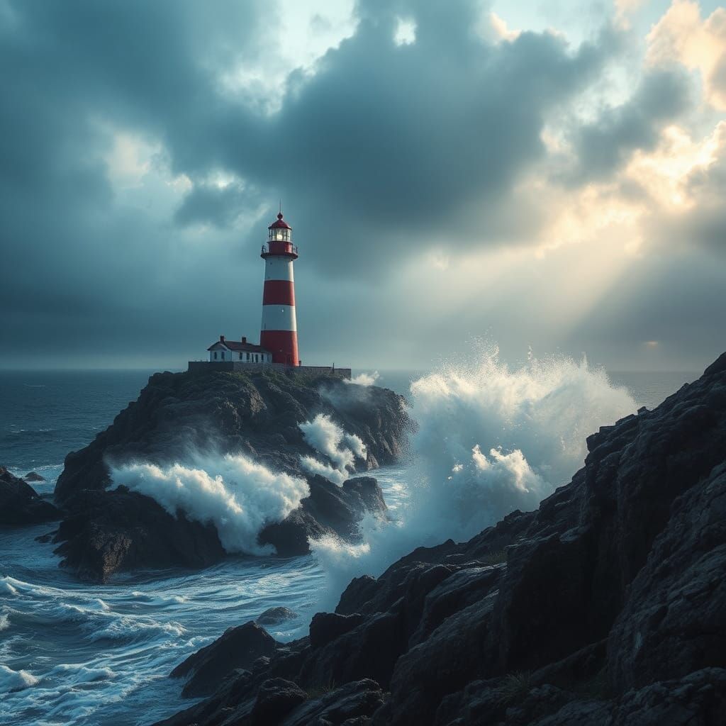 Lighthouse on Rocky Cliff in Dramatic Lighting