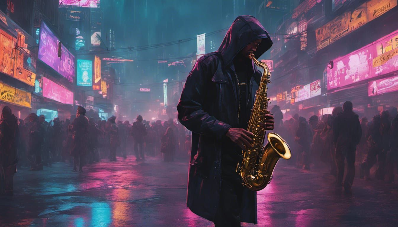 A man with a hood playing the saxophone in a crowded street in a Cyberpunk style  by @Amenophis