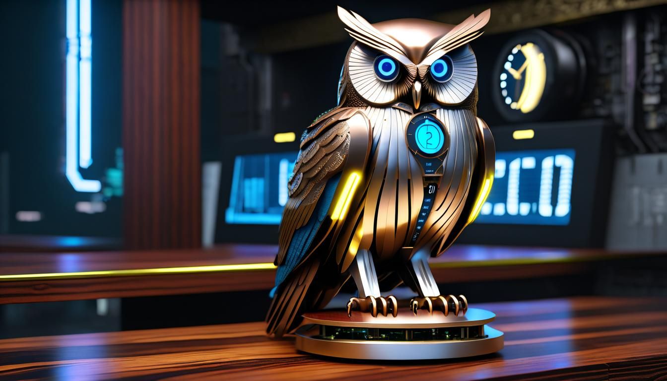 Metal cyberpunk Great Owl with glowing blue eyes!  by @Paul G