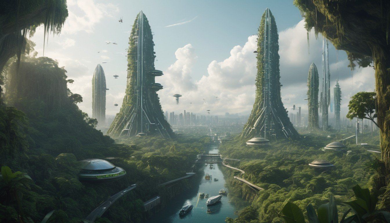 An image of a futuristic city in the jungle, with towering s...