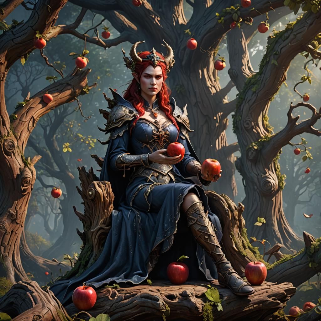 Lilith sitting on log throne holding apple  by @Christian 