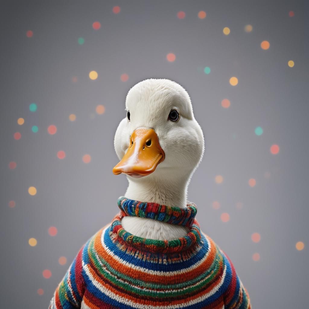 a white duck wearing knitted colorful sweater. Professional ...