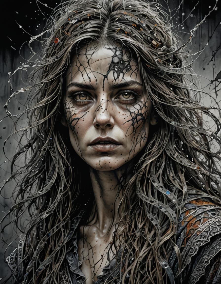 full body, focused on female face, messy long hair everywher...