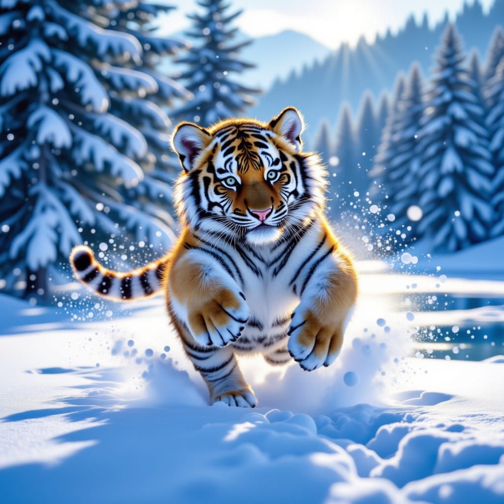 Tiger at lake during winter snowfall having fun in the snow <lora:Snow Tiger:1.0>