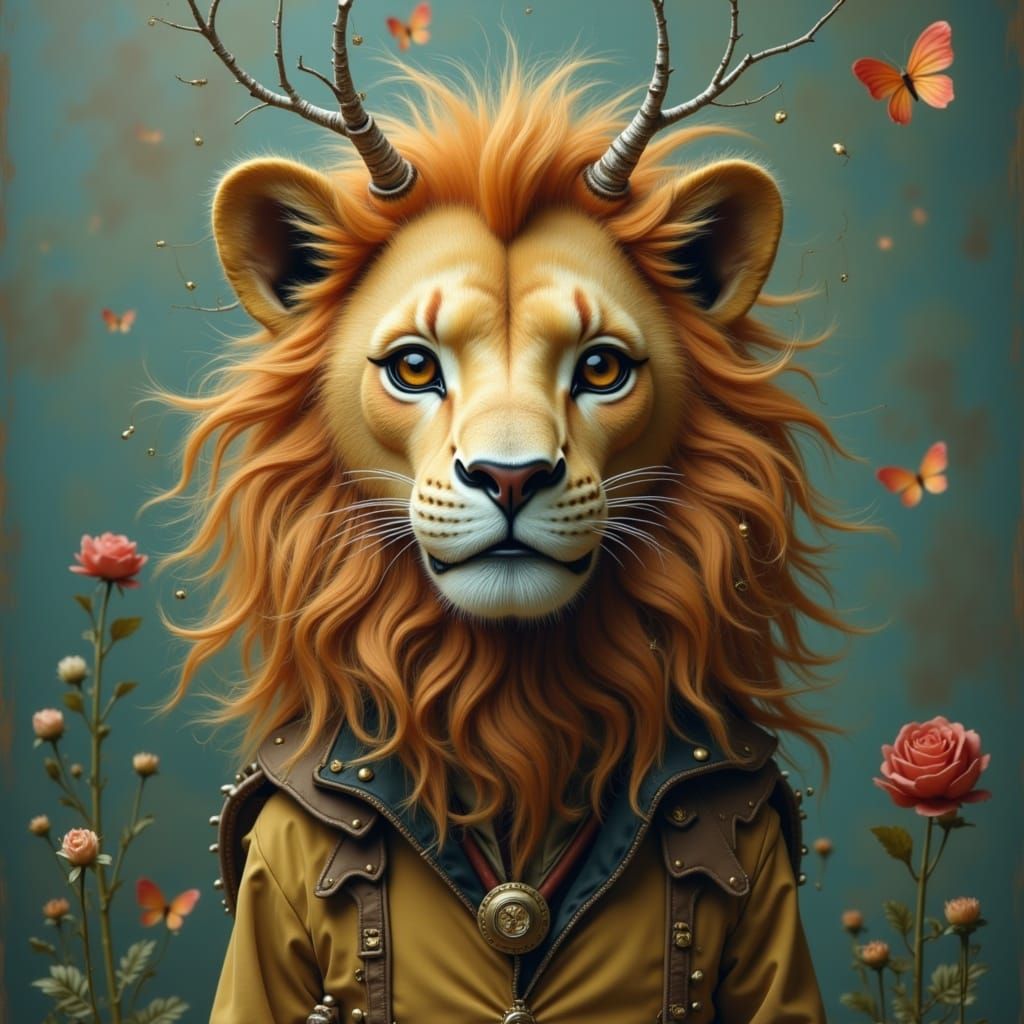<lora:Baroque Quirky Flux:1.0> lion, whimsical and surreal style, 