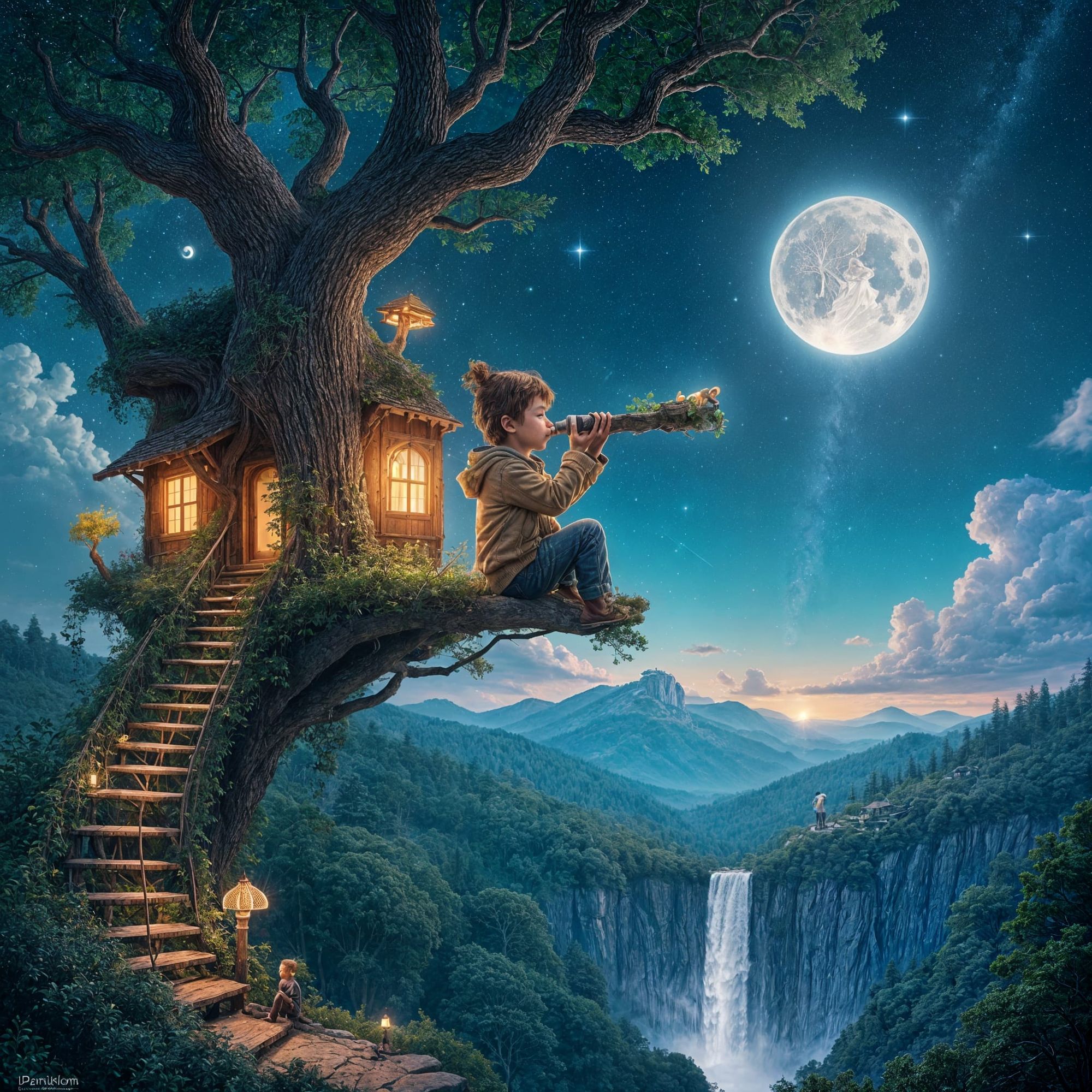 Free Under A Luminous Full Moon, A Young Boy Sits Atop A Rocky Outcrop, Peering Through A Telescope. Surrounded By A Mystical Landscape, His...