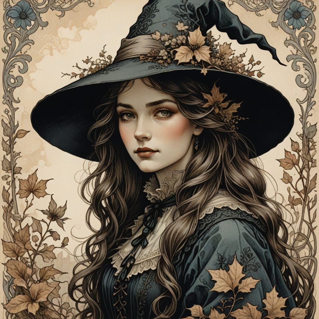 A ((beautiful, melancholic young witch)) (1.5) depicted in a vintage-inspired, detailed painting style ...  by @GoingJade