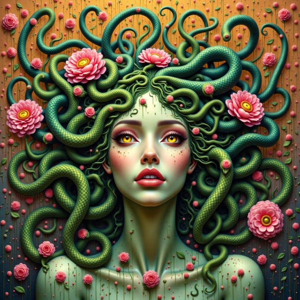 medusa, snakes for hair, bright yellow eyes, floral valentines background <lora:Medusa:1.0> 