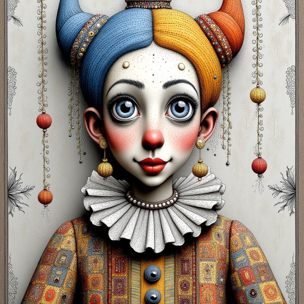 <lora:DOTSPEN:1.0> pointillism, hand-drawn illustration,  harlequin