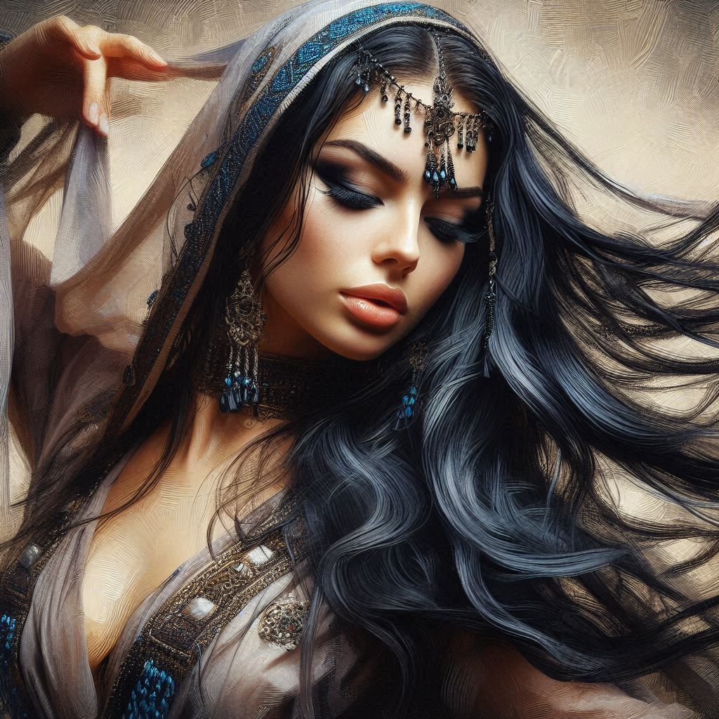 arab woman dancer, veils, beautiful long black hair, pasiona...