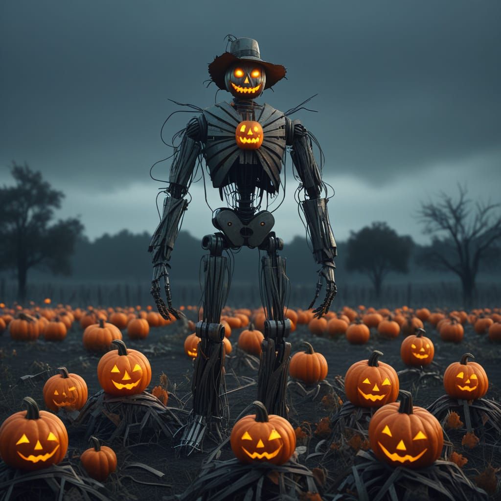 Nightmare Harvest Festival. High-contrast cinematic lighting, ultra-realistic detail, and soft depth of field evoke a surreal technological ...