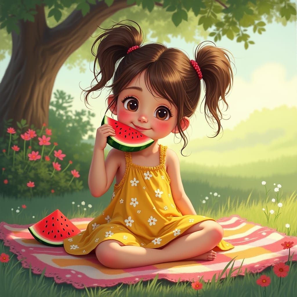 Girl Eating Watermelon in Impressionist Style