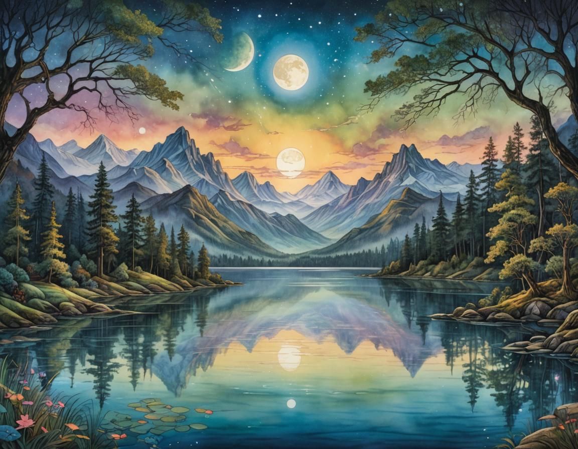 Illustrate a serene moonlit lake scene with neurographic ink...