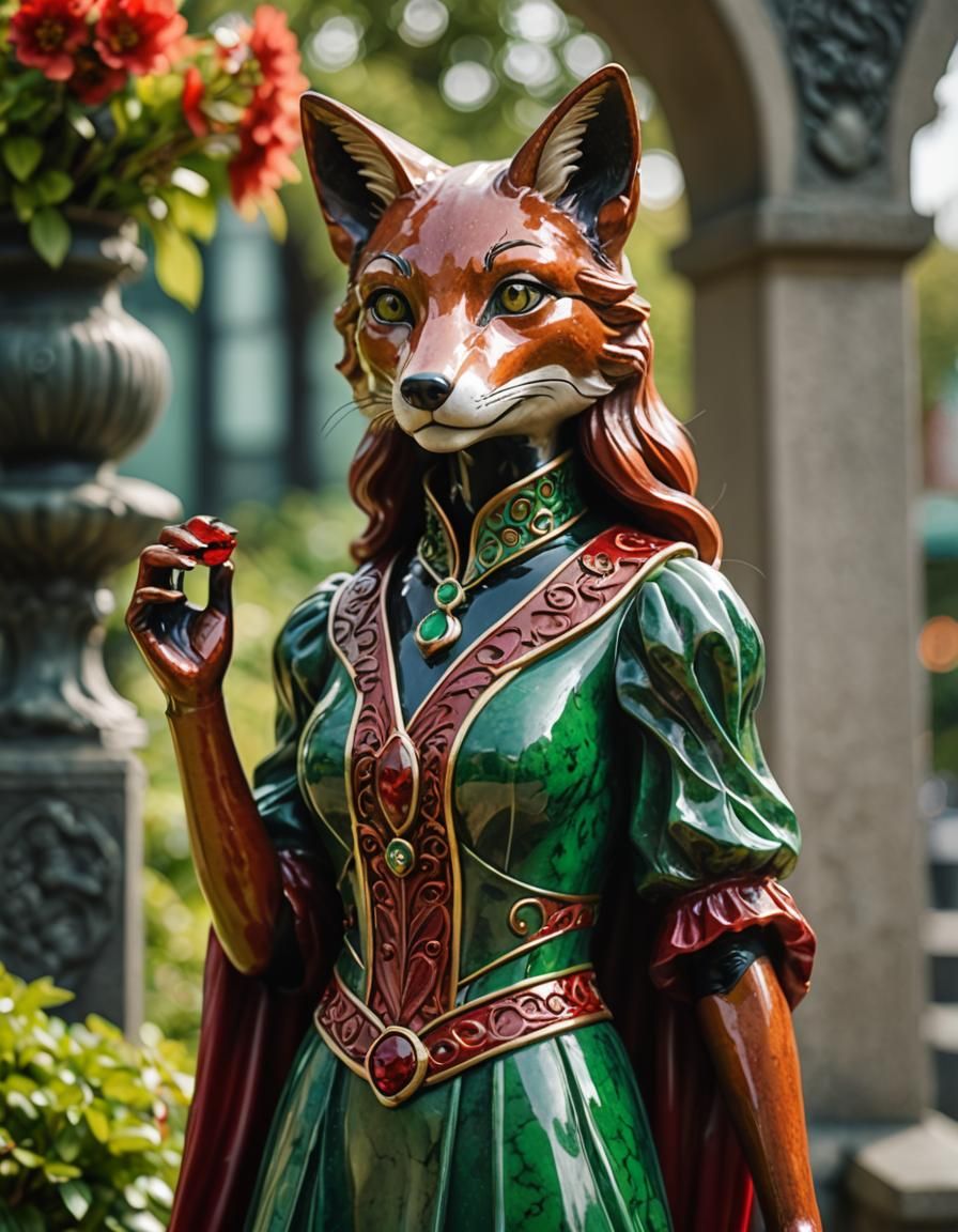 Jade and cinnabar vixen figurine