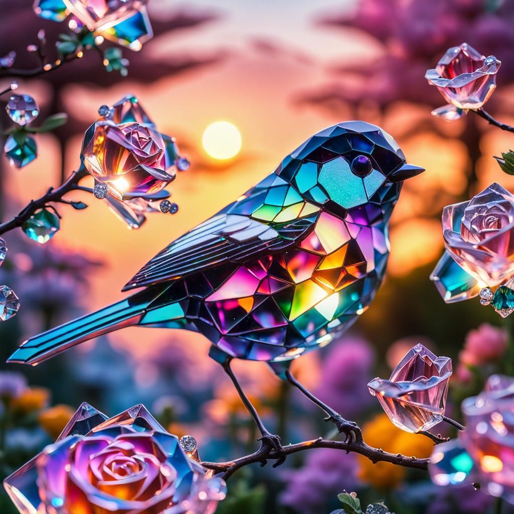 Tomtit and roses, made of colored crystals #2  by @Hartmut
