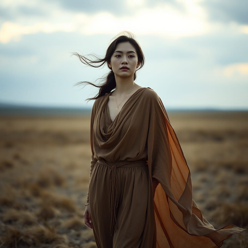 Contemplative Woman in Windswept Landscape