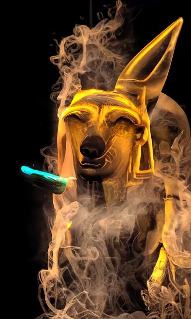 Anubis surrounded by glowing smoke and neon