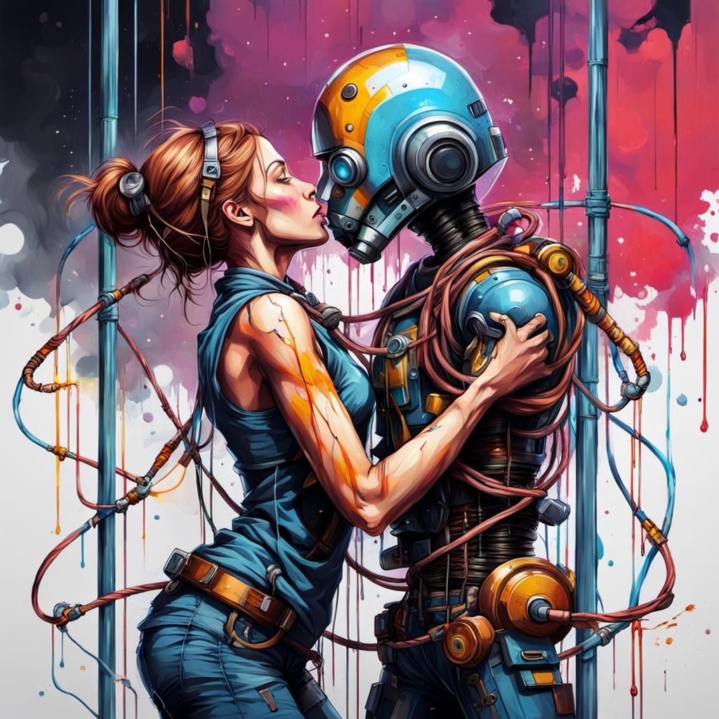 Droid Girl Kisses Creator in Graffiti Street Art