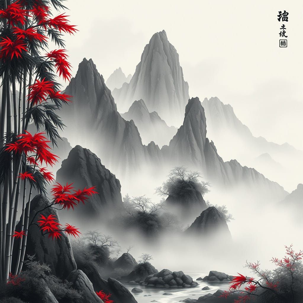 Fantastical Chinese Mountain Landscape in Oil and Ink