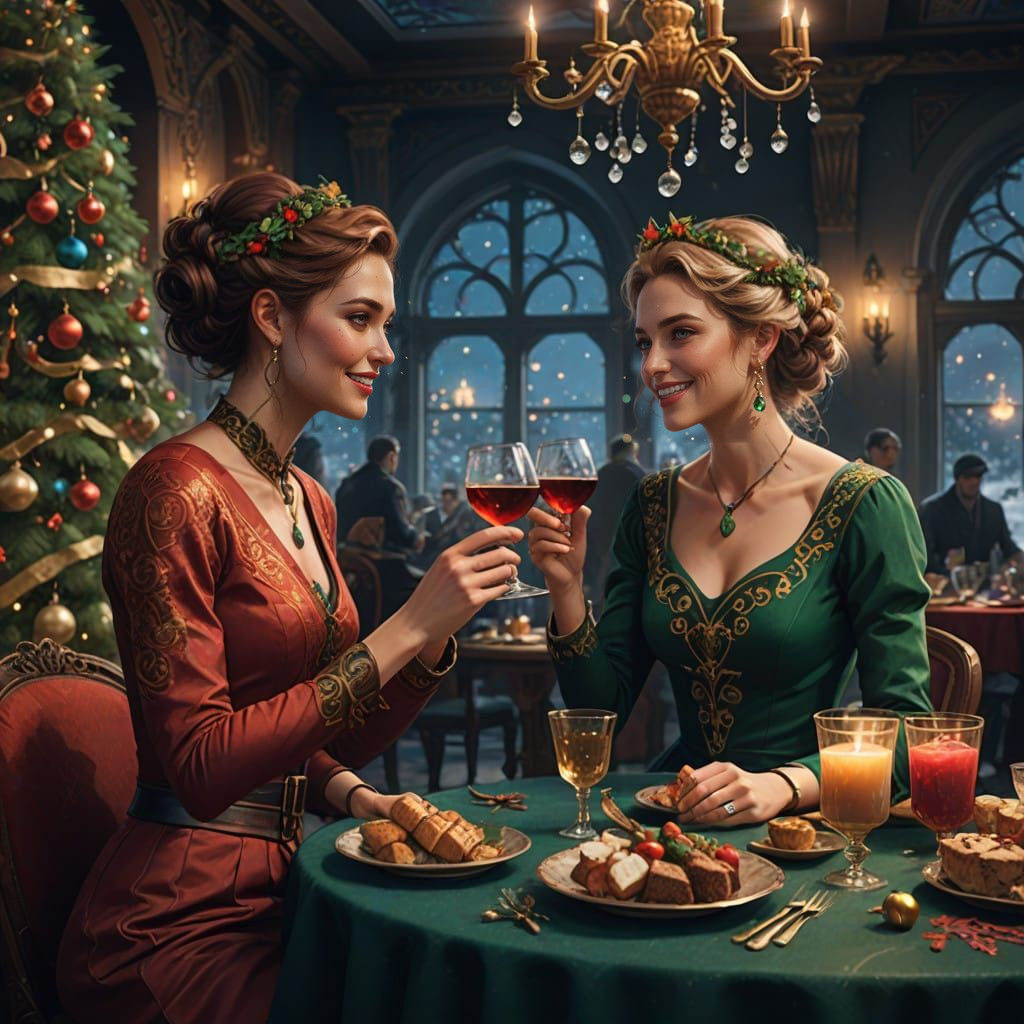two beautiful happy woman, cheers, christmas party   by @Miss Dragons