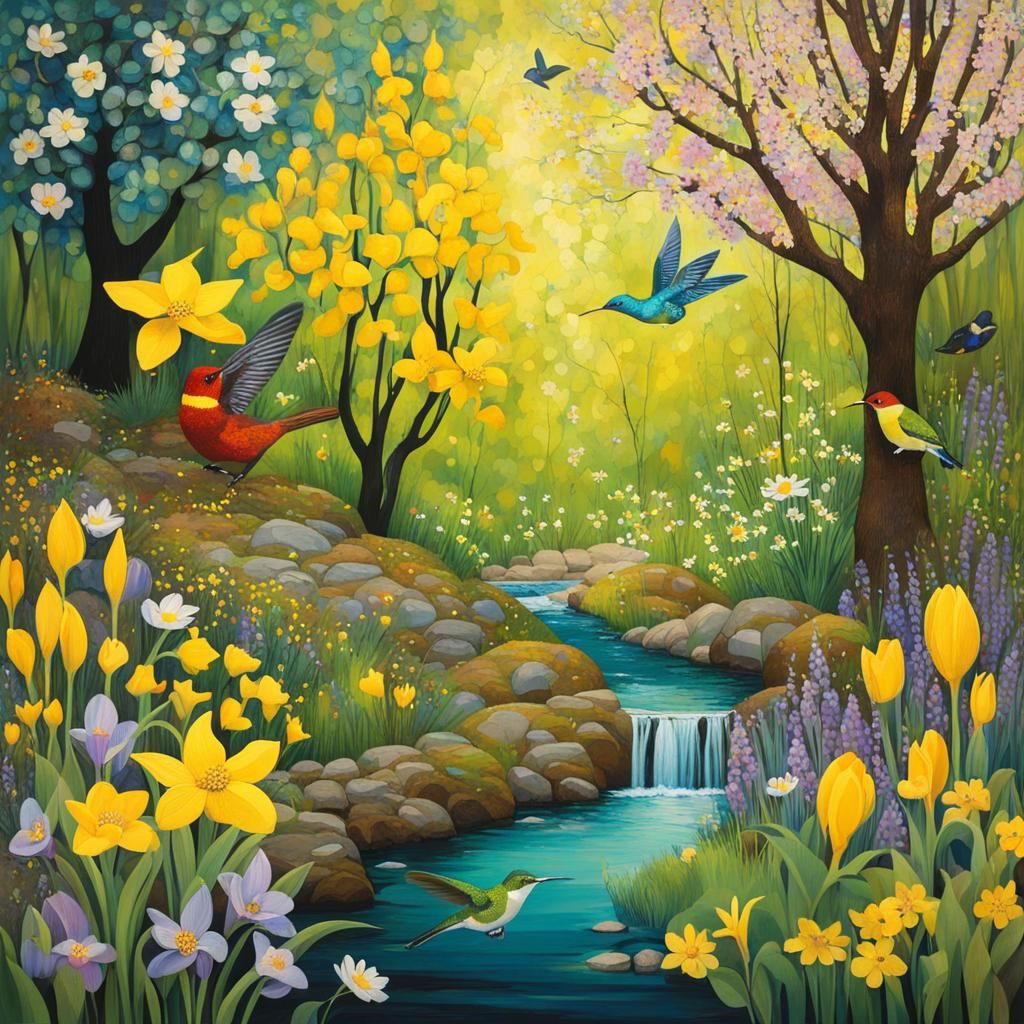 Spring garden with tree, forsythia, crocus, daisy, hummingbi...