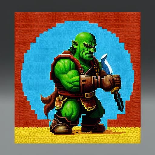 Pixelated 8-bit orc warrior, pixelated scenery 
