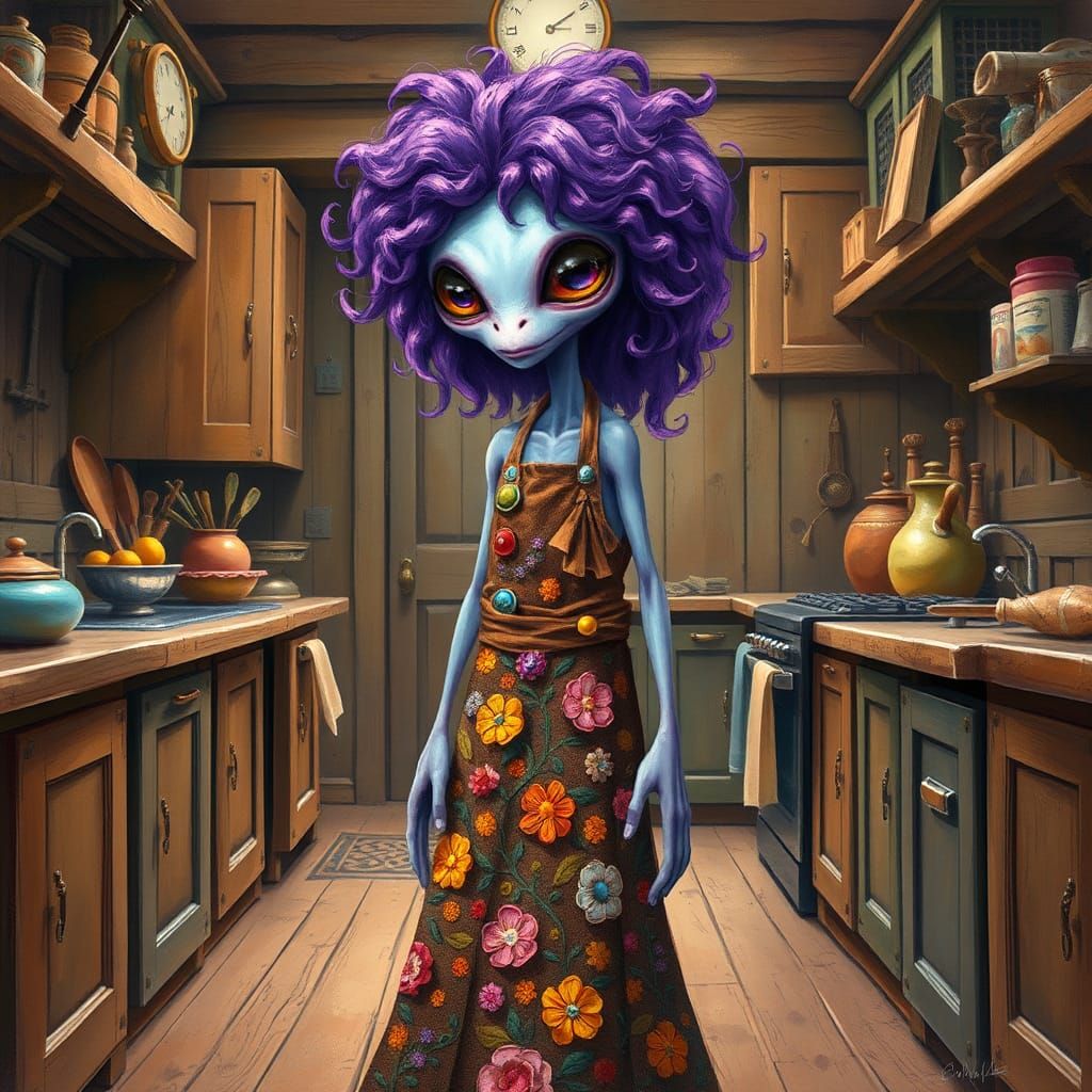 Dreamlike Alien in 19th-Century Kitchen, Kandinsky Style