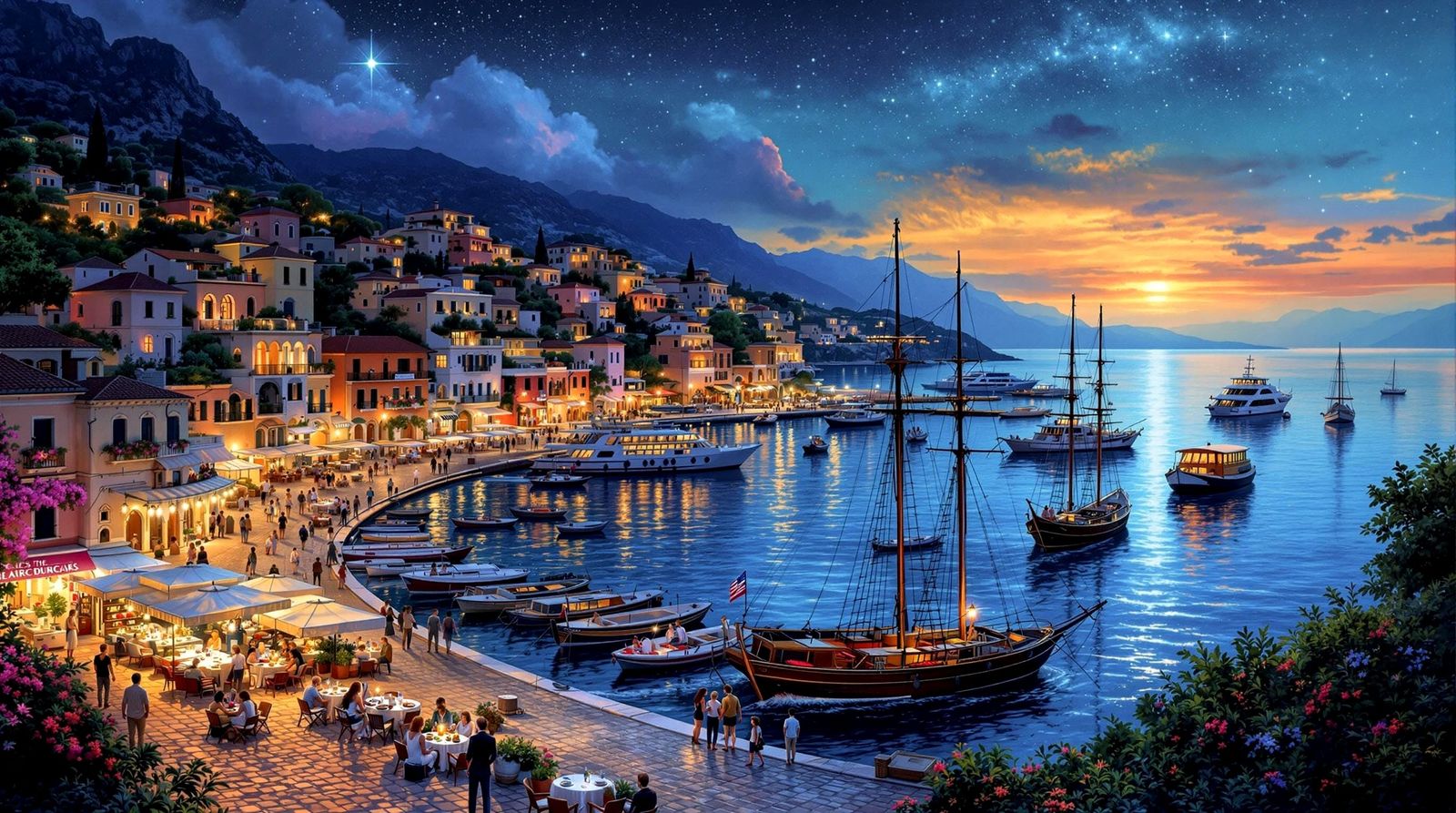 A romantic Mediterranean port viewed from the sea, as if seen through the watchful eyes of a celestial ...  by @Best Choice