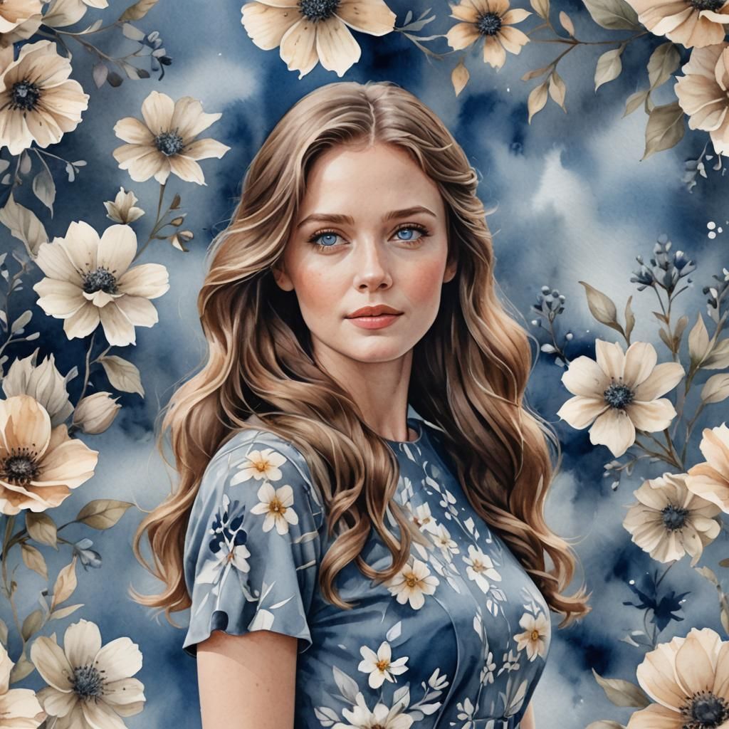 a beautiful woman with wavy sandy-brown hair and blue eyes, ...