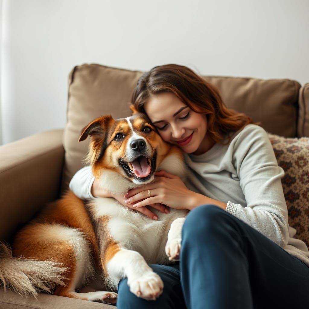 A woman cuddling a dog on the couch  by @Izzy B