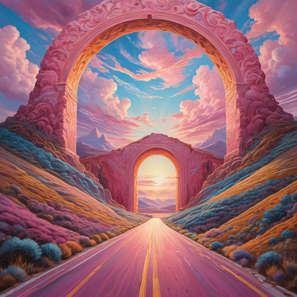 Ethereal Gateway in Surrealist Pastel Landscape