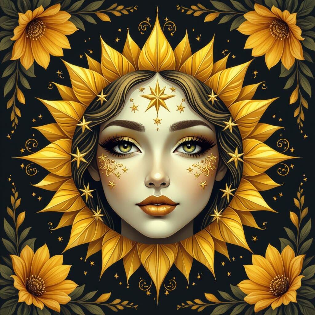 Digital artwork of a fairy whose face is surrounded by golden stars, this delicious artwork looks like a sun with face . The stars design ar...