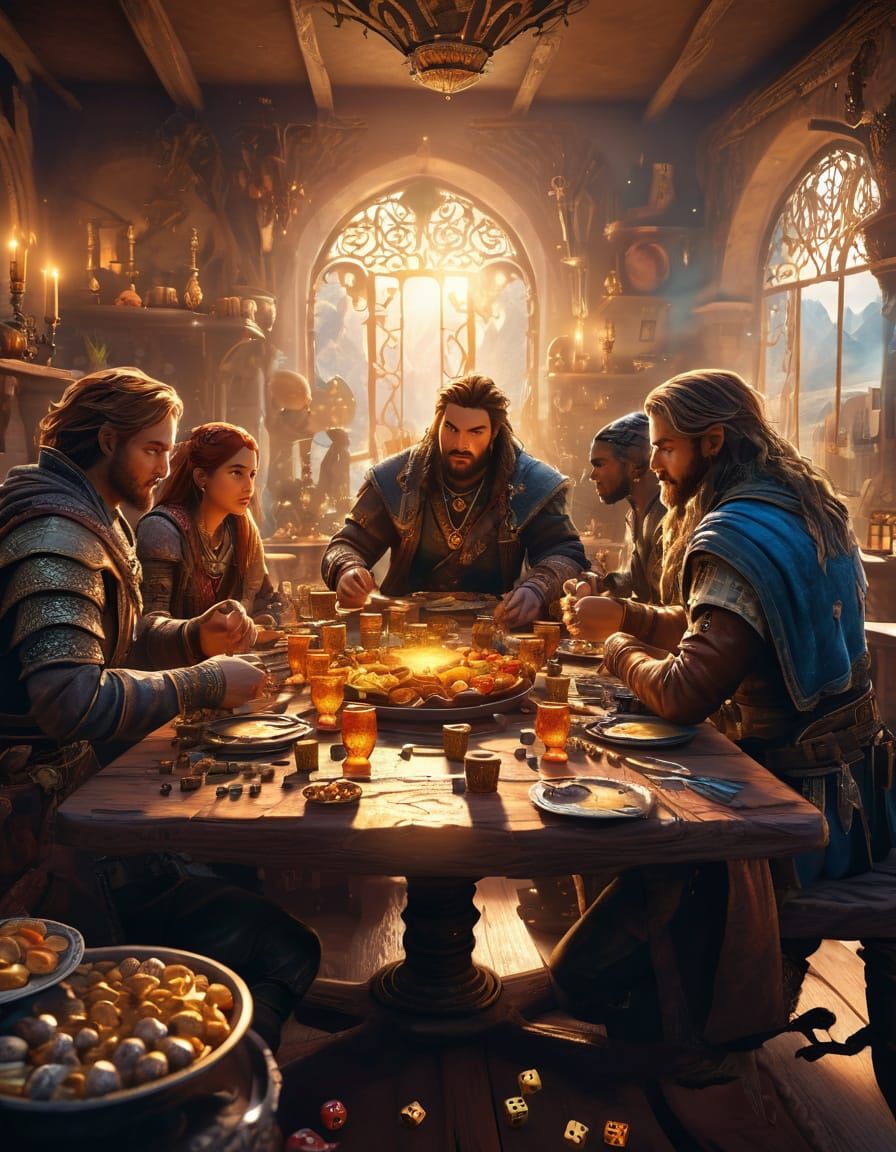 Oh, goblets and goblins, raise a cheer to the night!  
Dice tumble and tumble, in the glow of the light.  
Lembas bread for the bold, coffee...