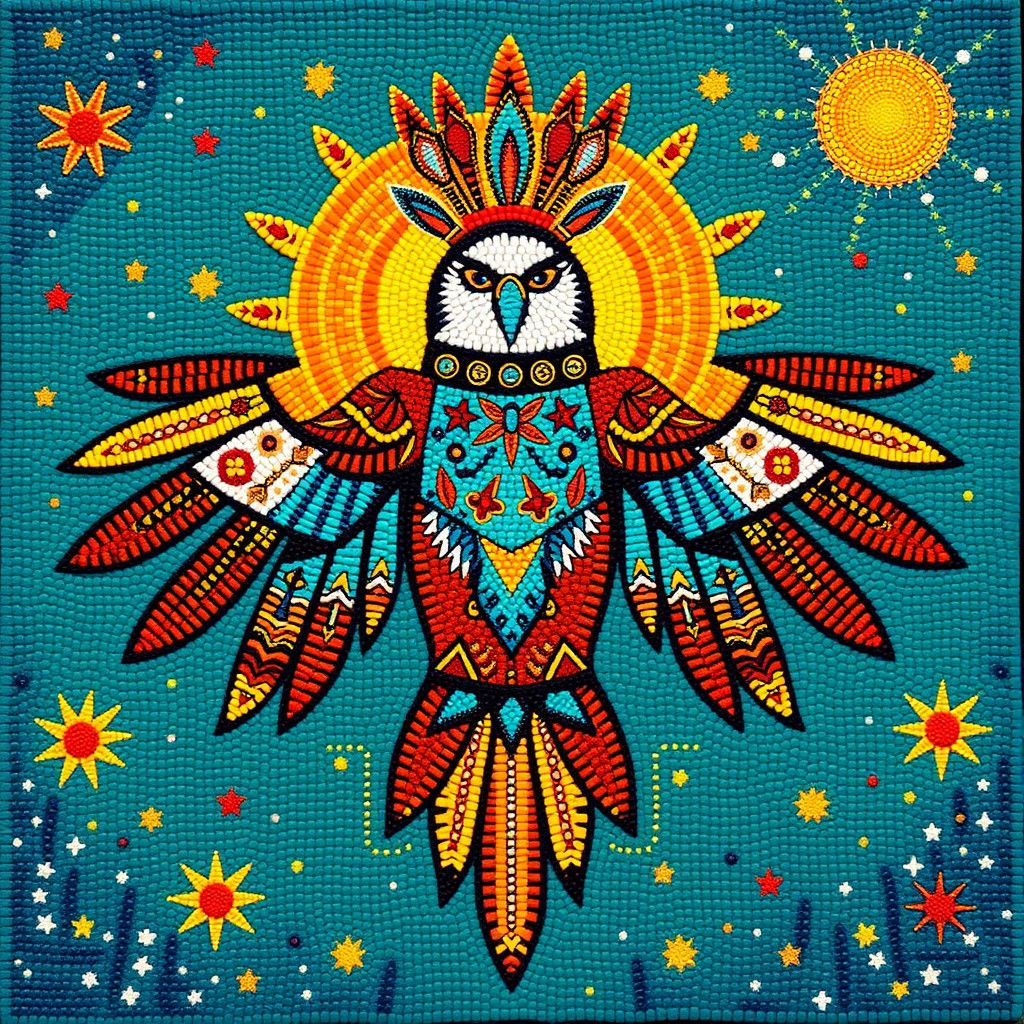 Beadwork of Hawk in Galactic-Armory Cosmic-Visionary Frida Kahlo-style